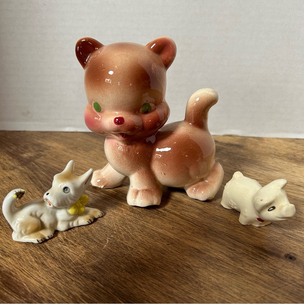Lot Of 3 Vintage Porcelain Animal Figures Japan Terrier Dog Pig Cat 1940’s